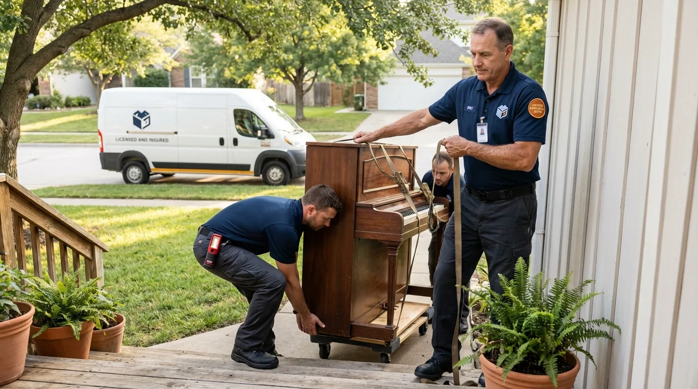 Licensed piano movers securing grand piano in Firestone, CO