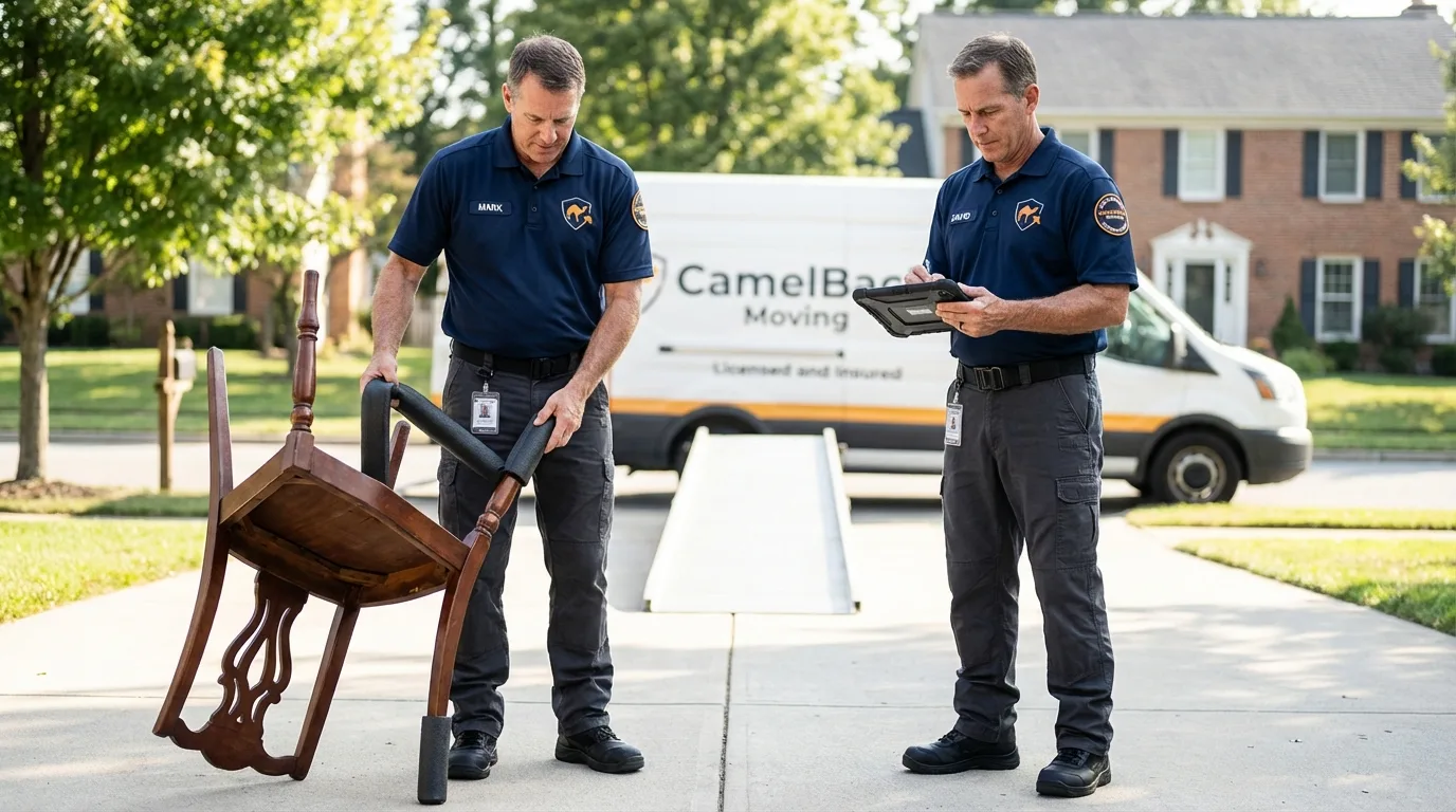 Movers inspecting furniture for damage prevention before loading in Firestone, CO