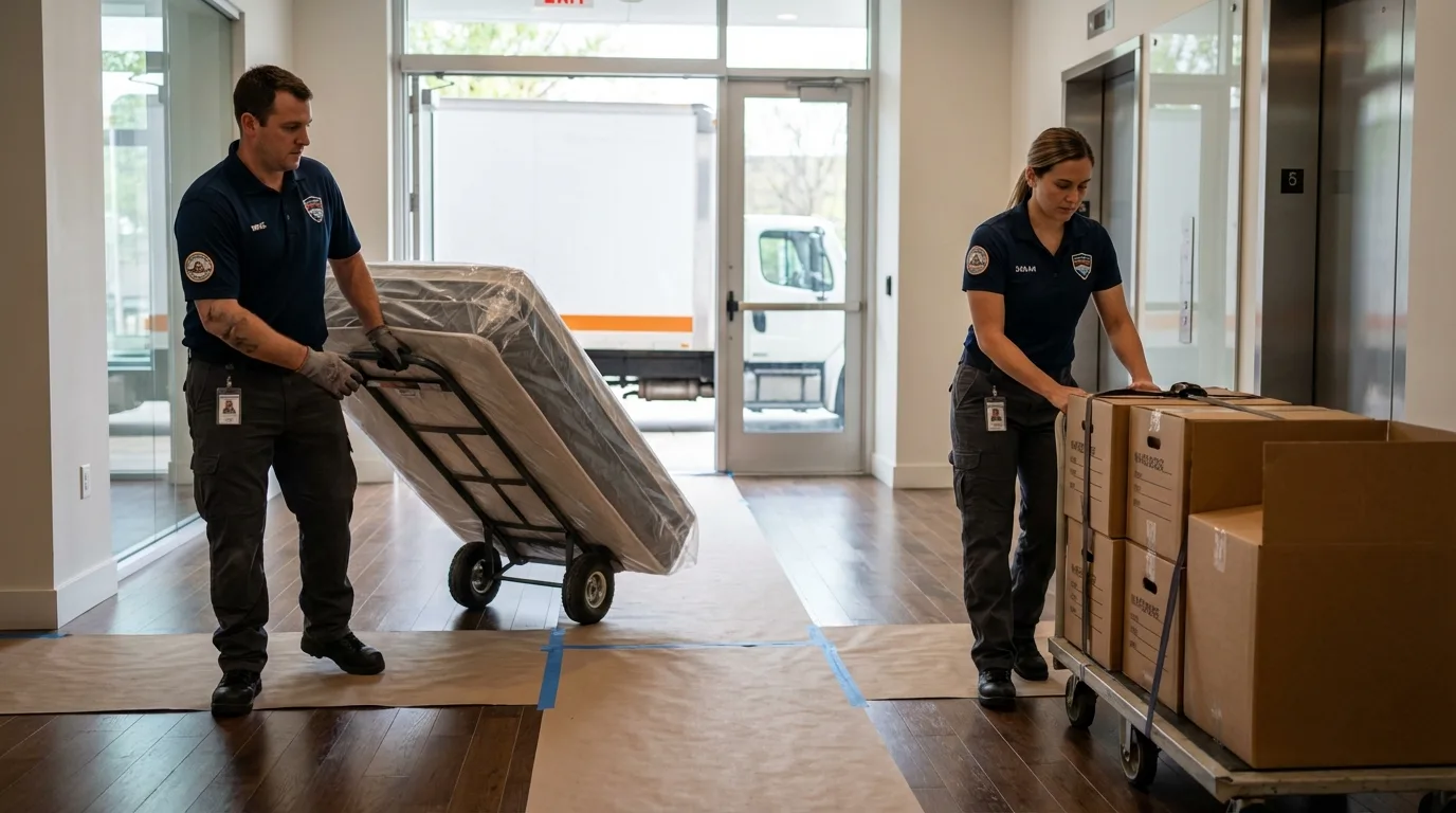 Professional apartment movers loading elevator in Firestone, CO